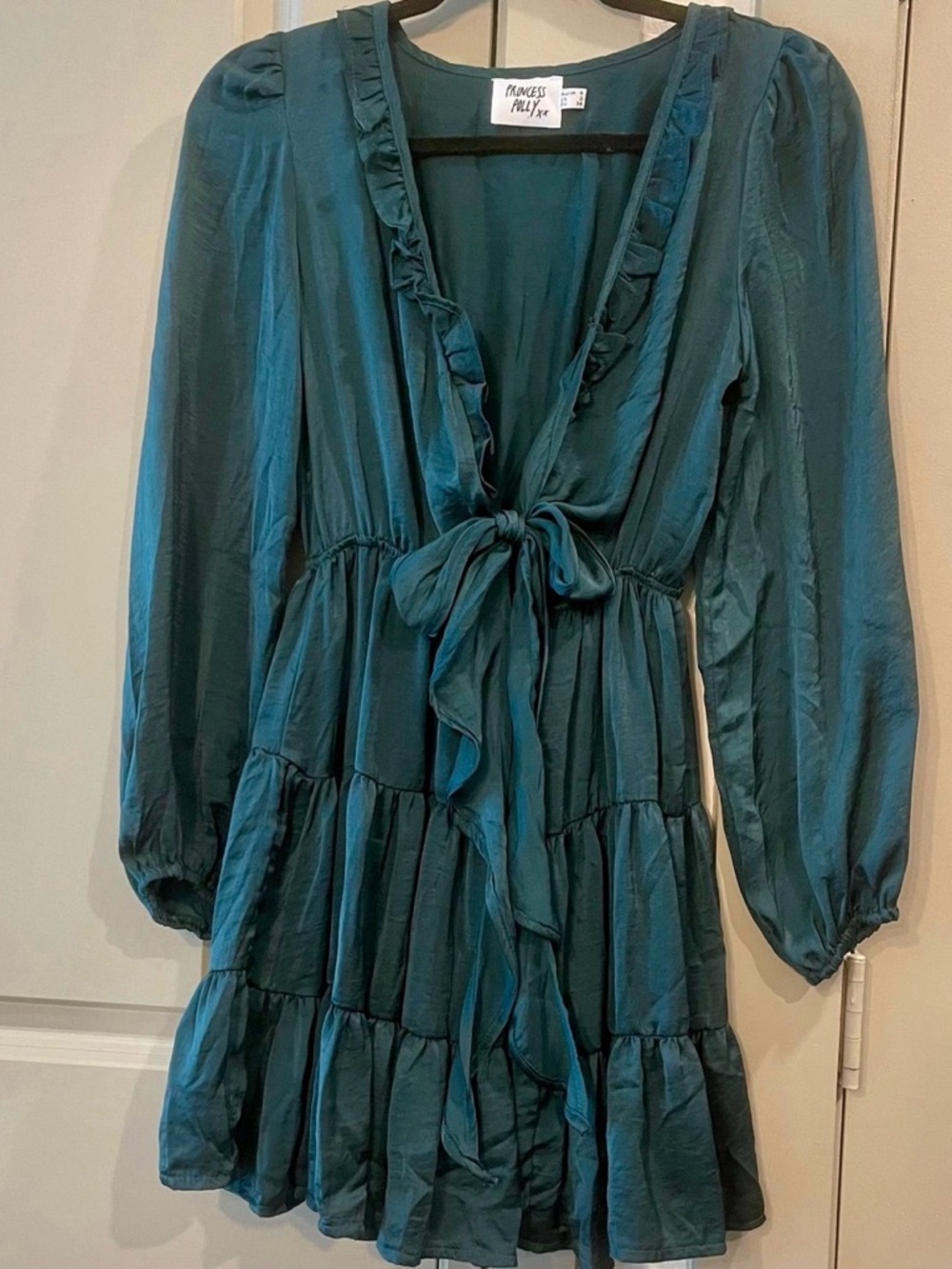Princess Polly Teal Tie-Front Tiered Long-Sleeve Mini Dress